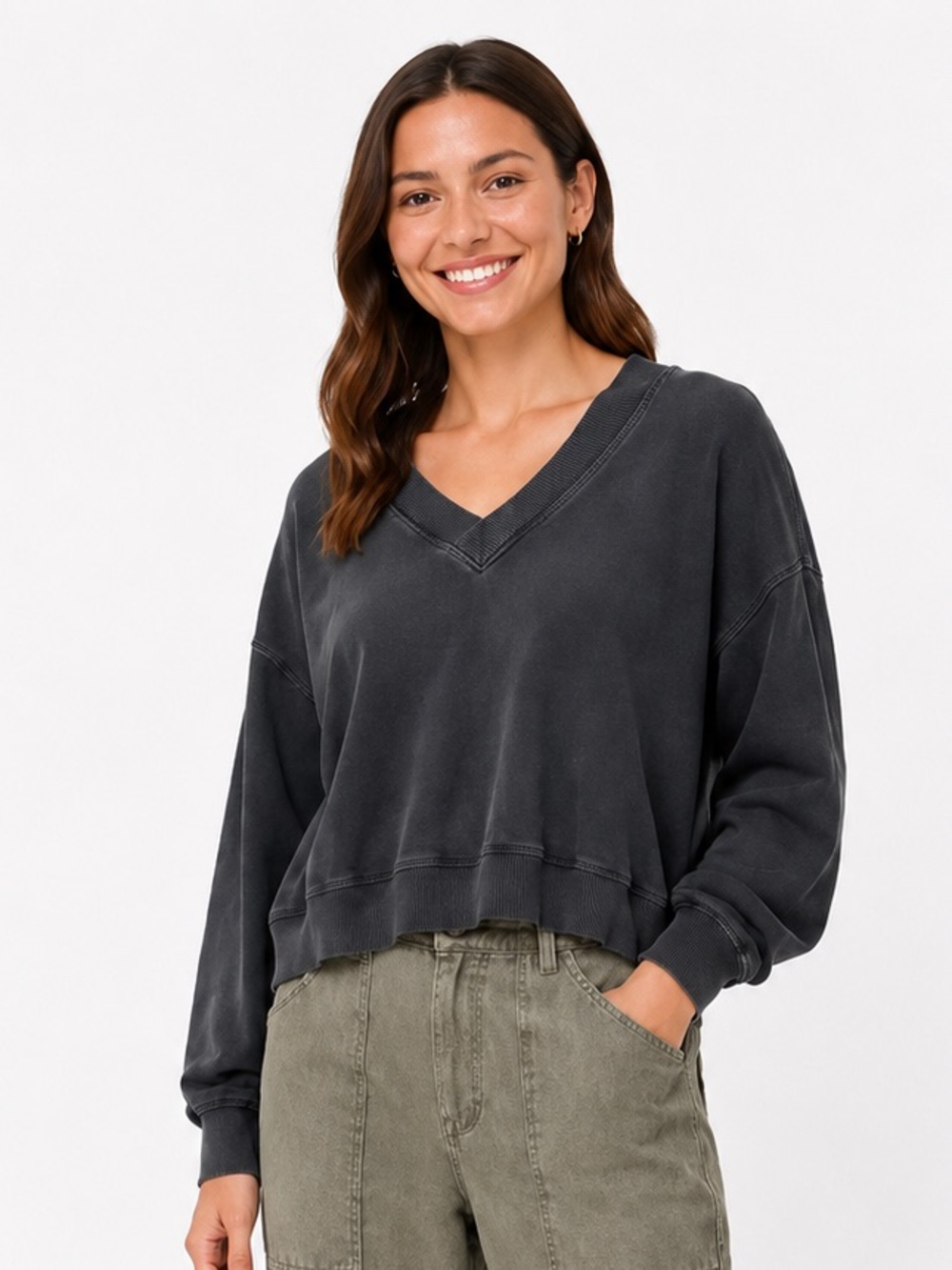Aerie House Party Sweatshirt Washed Black Oversized V-Neck Small